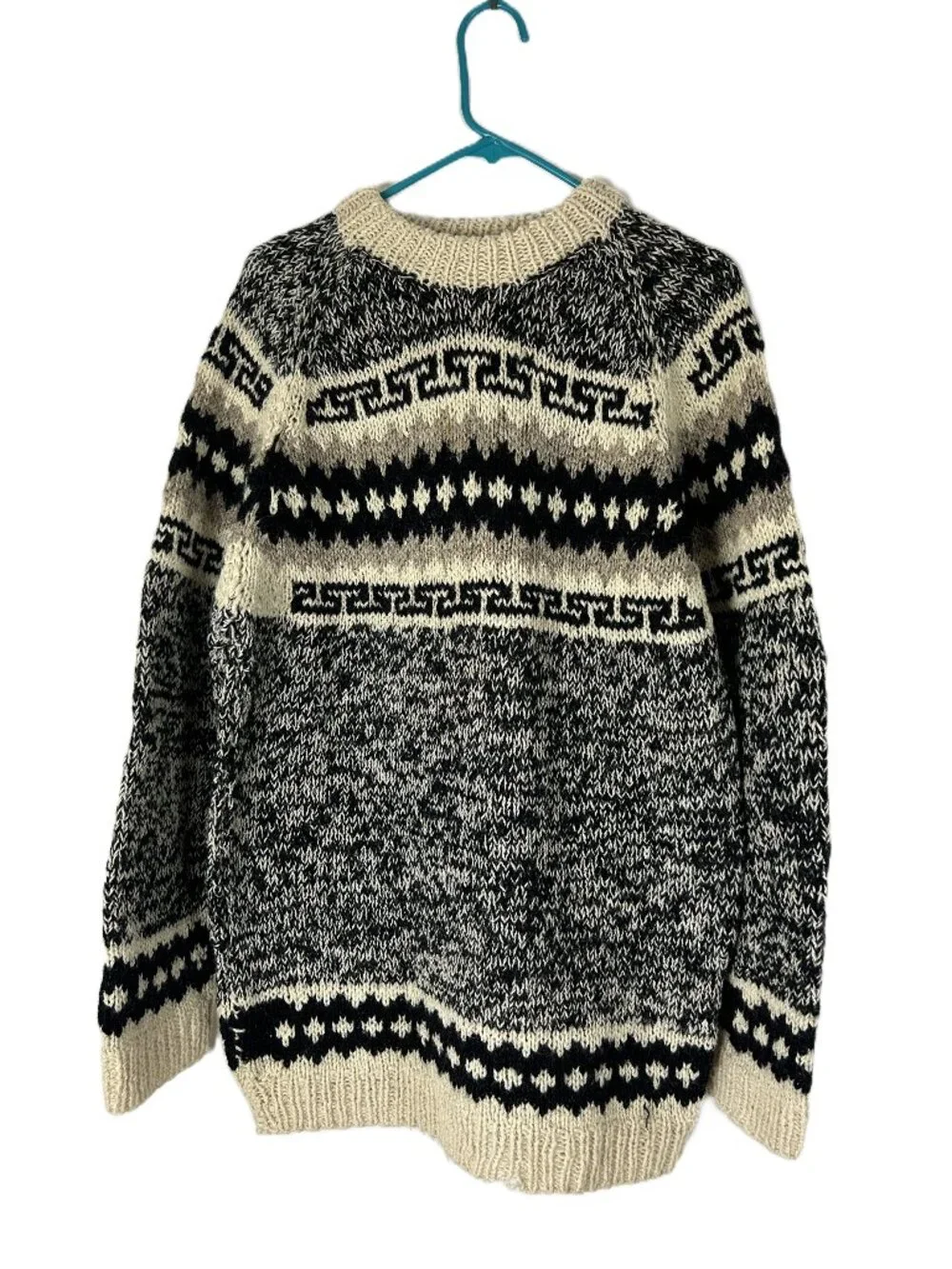 Wool Fair Isle Sweater Black Cream Men's L Vintage Winter